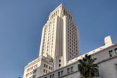 View of the tall, white Los Angeles City Hall building against a clear blue sky, with a palm tree in the foreground.