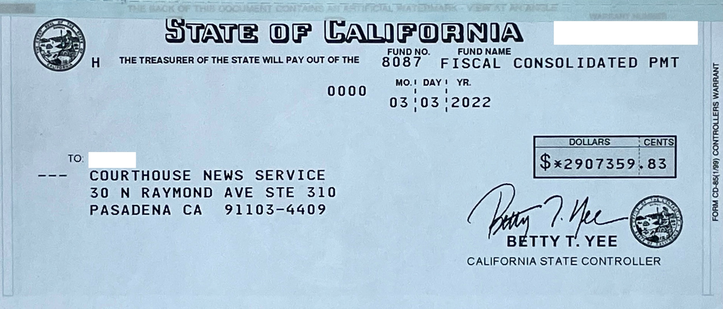 Check for 2.9 million sent by California Judicial Council to