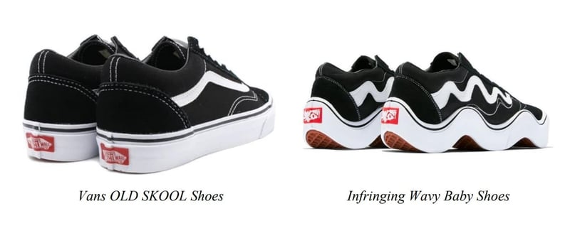 a screenshot shows a side-by-side comparison of black and white shoes made by Vans and similar shoes with a wavy design created by another company