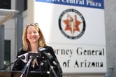 Arizona AG candidate Kris Mayes speaks at an abortion ban news conference in Phoenix, June 30, 2022. (Michael McDaniel/Courthouse News)