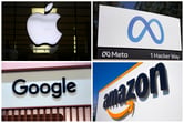 This combo photo shows logos for Apple, Meta, Google and Amazon.