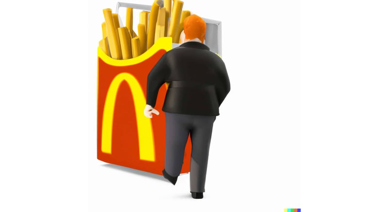 3d rendering of big, orange-haired man in suit walking toward fries