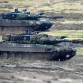 Leopard 2 tanks in action at a German military base.