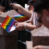 Protesters holding rainbow gay pride flags at the Texas Capitol