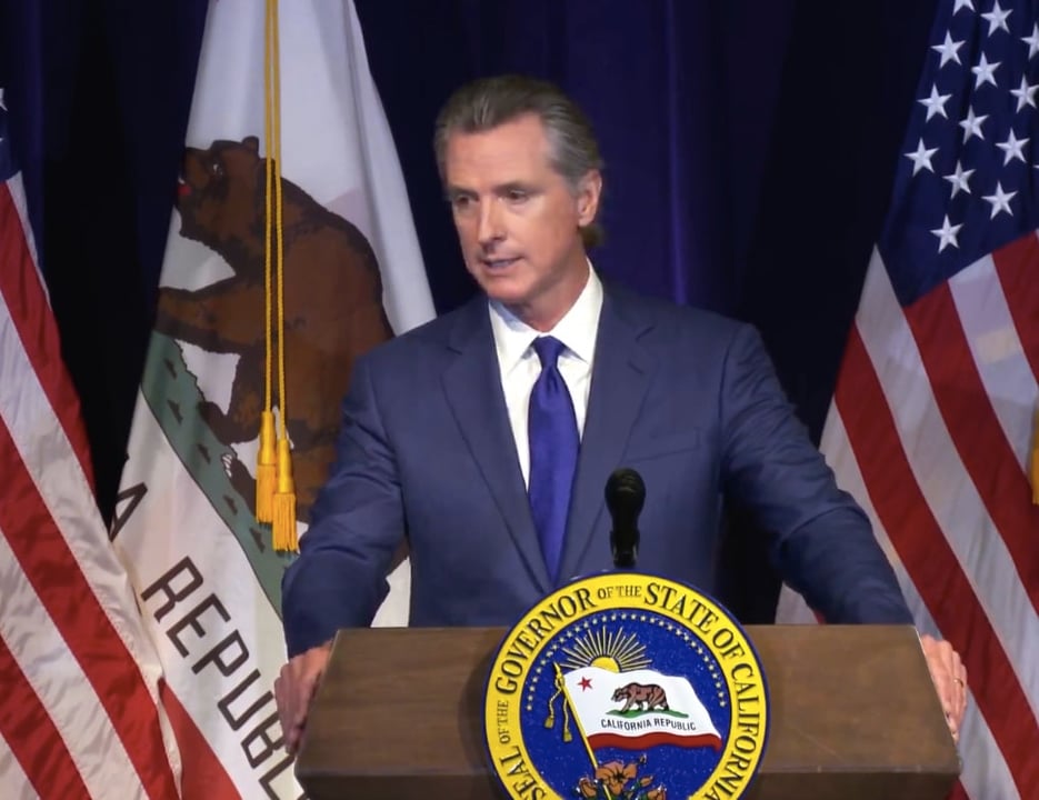 California governor Gavin Newsom wears a blue suit in front of the state flag.