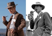 A combination of photos of actor Cillian Murphy portraying J. Robert Oppenheimer and the physicist smoking a pipe in 1945.