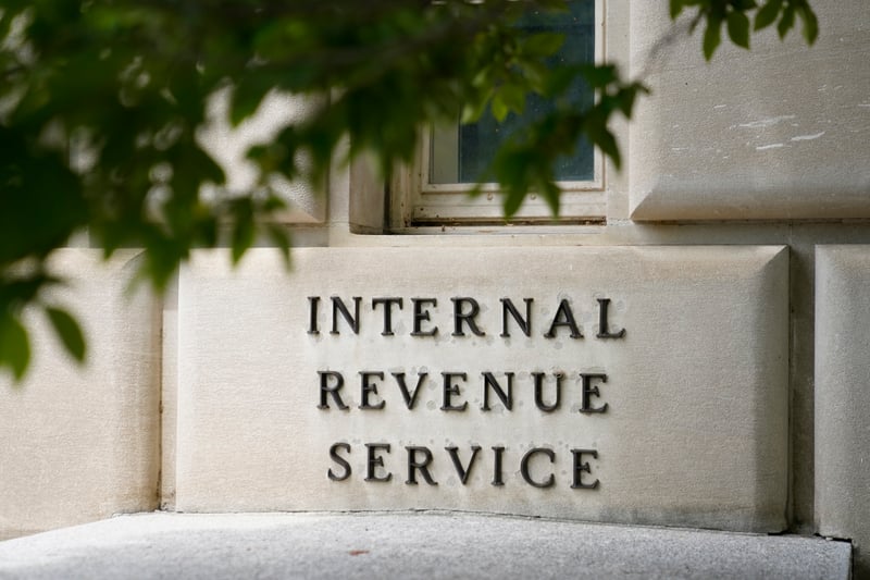 An Internal Revenue Service sign on the exterior of the agency's building in Washington D.C.