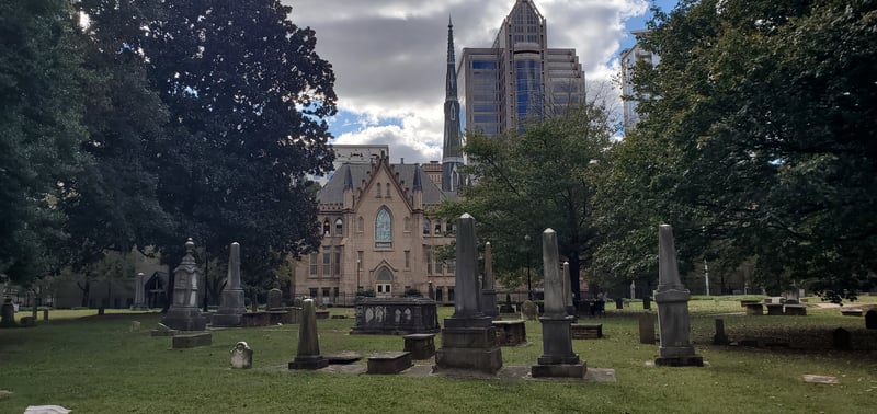 The First Presbyterian Church and Old Settlers' Cemetery in Charlotte.