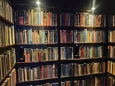 A bookshelf in a dimly lit alcove.