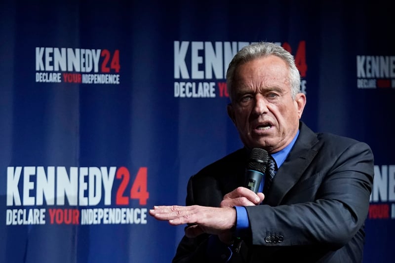 Robert F. Kennedy Jr. speaks into a microphone during a campaign event.