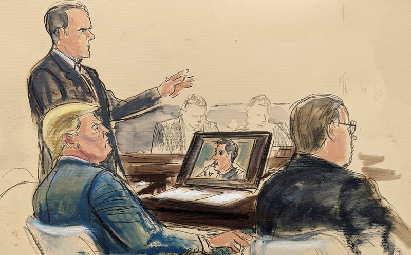 A courtroom sketch shows Donald Trump sitting at the defense table, with a screen in front of him displaying Michael Cohen on the witness stand.