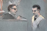 An artist depiction of Jack Teixeira standing near a judge in a courtroom.