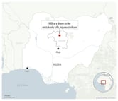 A map of Nigeria showing where a military drone strike killed civilians.