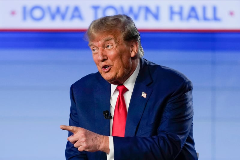 Donald Trump points his finger at an Iowa Town Hall.