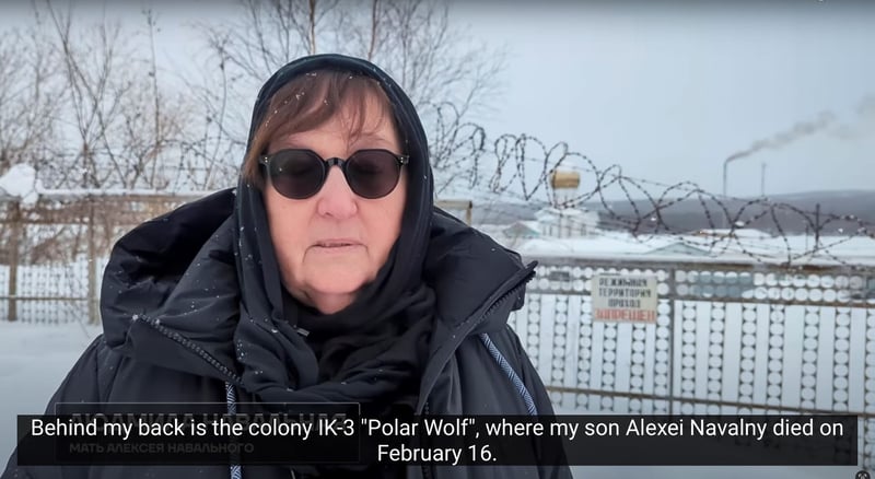 Lyudmila Navalnaya in front of the penal colony where her son died.