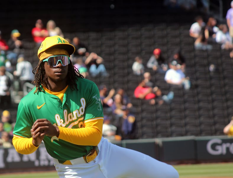 Lawrence Butler of the Oakland Athletics in motion at Las Vegas Ballpark.