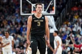 Oakland's Jack Gohlke celebrates during a men's college basketball game against Kentucky.