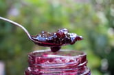 A spoon with dark jam over a jar.