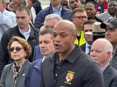 Maryland Governor Wes Moore speaks at a press conference in Dundalk, Md., on March 26, 2024. (Benjamin S. Weiss/Courthouse News)