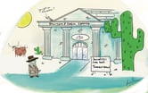 A cartoon of a courthouse with a man, a cow, a sign and a cactus surrounding it.