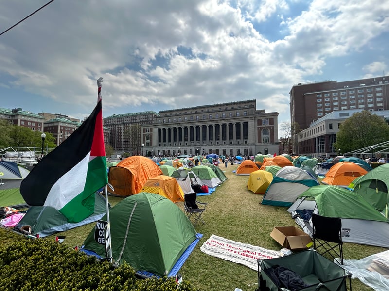 Tents fill Columbia University's South Lawn as students protest in solidarity with Palestine.
