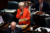 Janice Bowling speaks into a microphone while holding a binder full of papers in the Tennessee Senate.