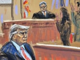A courtroom sketch of Donald Trump at his hush money trial.