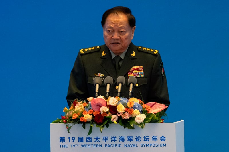 Zhang Youxia delivers a speech from behind a podium during the 19th Western Pacific Naval Symposium.