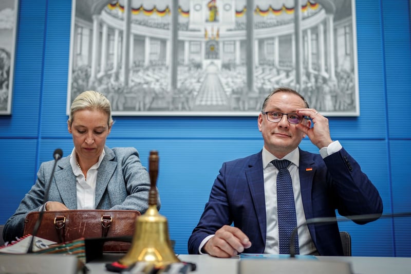 Alice Weidel and Tino Chrupalla sit in Parliament.