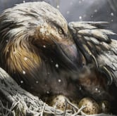 An illustration of a dromaeosaur incubating eggs as snow falls.