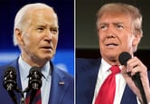 A combination of photos of Joe Biden and Donald Trump giving speeches.