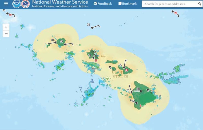 A map shows the Hawaiian islands and the the storm gathering around it.