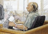 An artist's sketch of Robert Pickton taking notes during his trial.