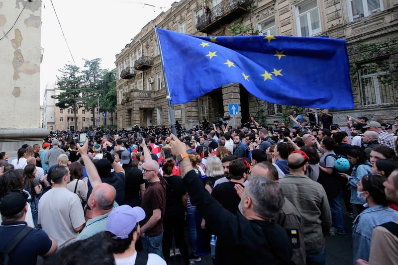 More than a hundred people gather for a protest in Tbilisi, Georgia.