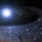 Illustration of rocky debris around a white dwarf star.
