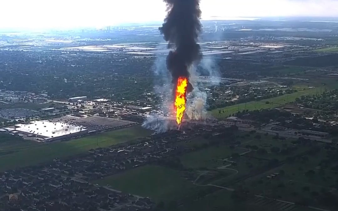 A pipeline explosion sends a towering pillar of flame over Houston’s suburbs