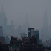 A thick haze hangs over the Manhattan skyline.