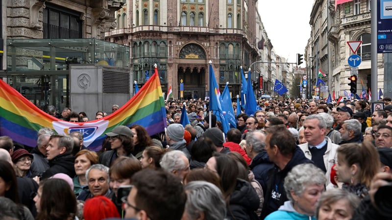A city street crammed with people, some holding flags, including EU and rainbow ones.