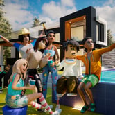 Animated Roblox avatars pose for a group selfie by a pool at a virtual party, with a modern house in the background.