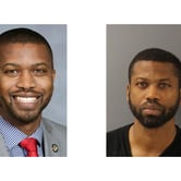 Side-by-side images show the same man in a professional headshot and a mugshot.