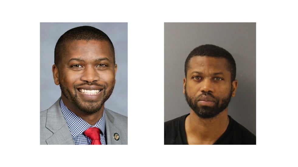 Side-by-side images show the same man in a professional headshot and a mugshot.