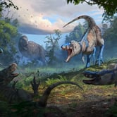 A pack of Nanotyrannus attacks a juvenile T. rex (Anthony Hutchings)