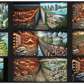 Nine small images of a wildfire near a city with people fleeing.