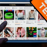 Hand points at Temu product listings on a tablet screen.