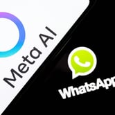 A diagonally divided screen with Meta AI and WhatsApp logos.