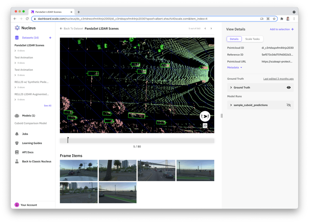 Birds' Eye View of SF Embarcadero as Seen through LiDAR and Multiple Image Sensors in Nucleus Scene