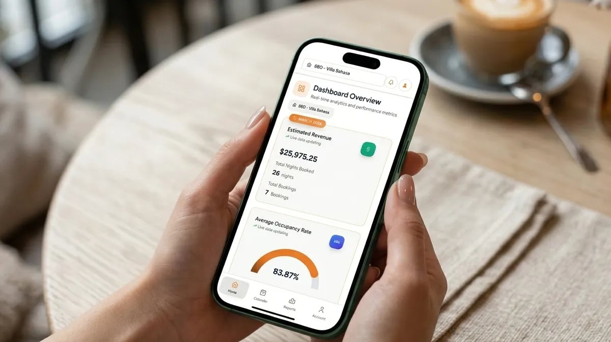 Property management app dashboard with villa interior view