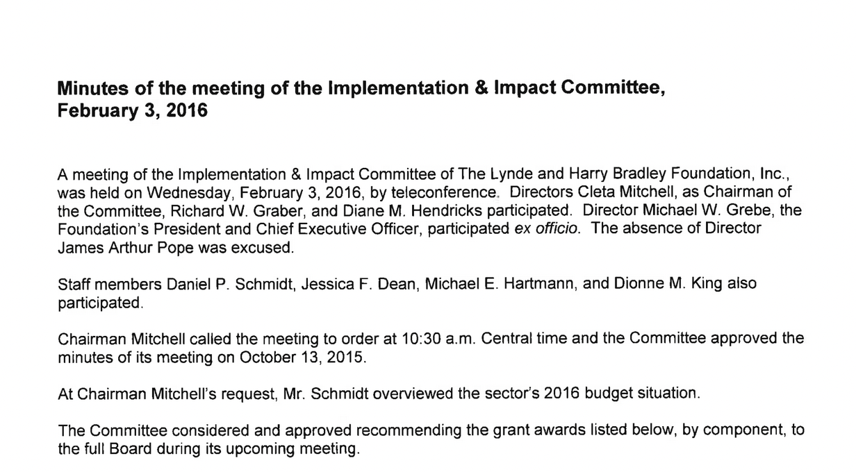 Minutes for the Bradley  Foundation lmplementation & lmpact Committee Meeting, Feb 2016