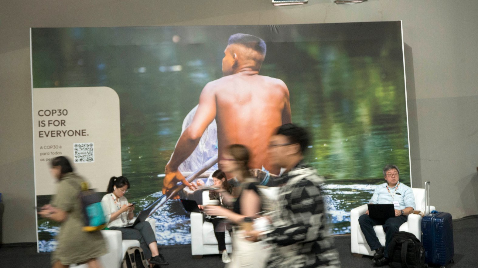 Poster board in the Blue Zone that reads “COP30 is for everyone” (Credit: Royce Kurmelovs)