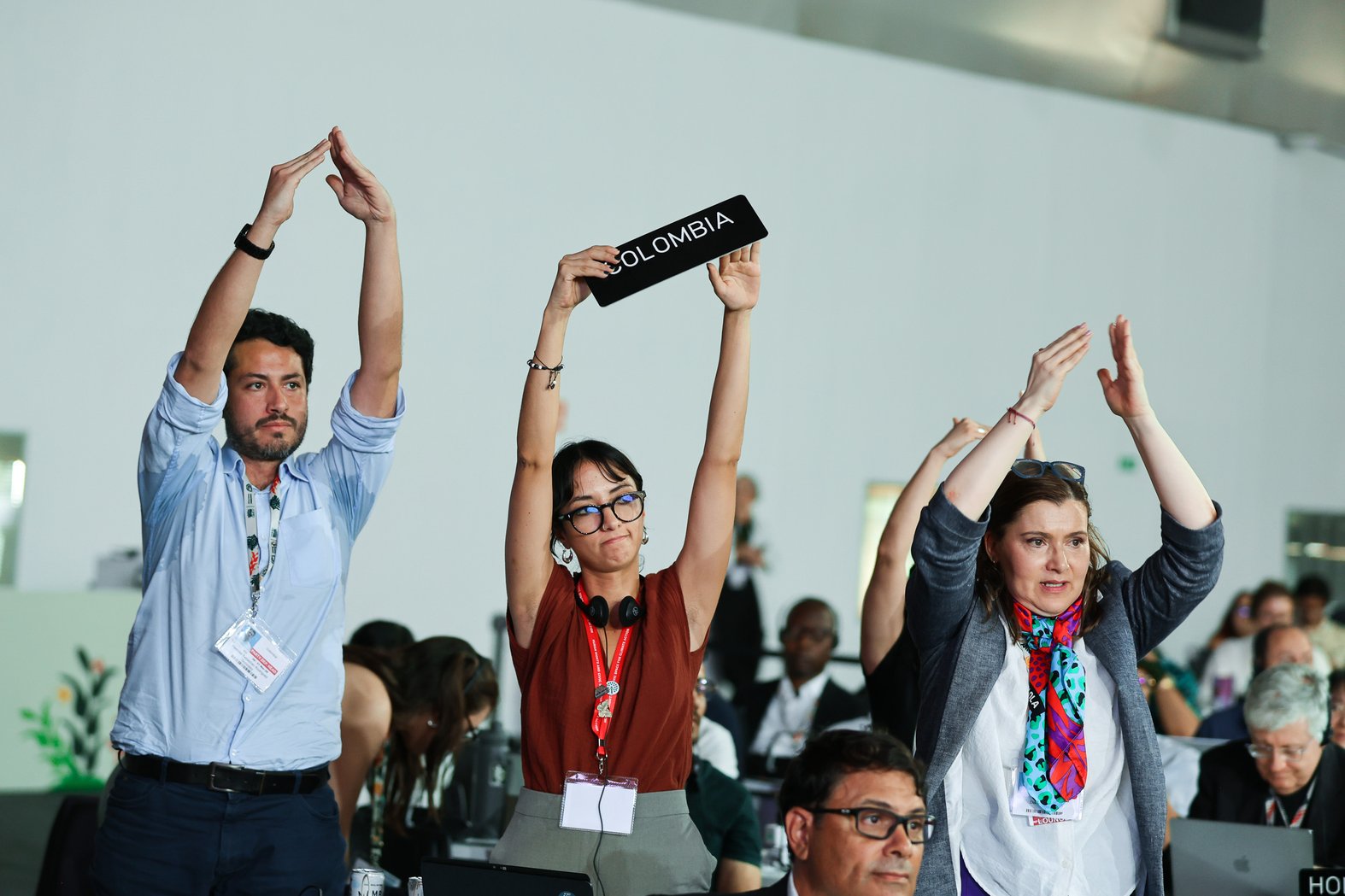 The Colombian delegation at COP30 raising an objection. Photo by IISD/ENB | Mike Muzurakis